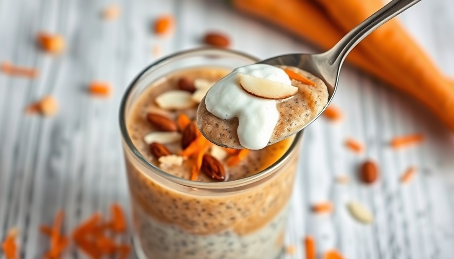 Carrot Cake Chia Pudding in a glass with spoon, topped with almonds.