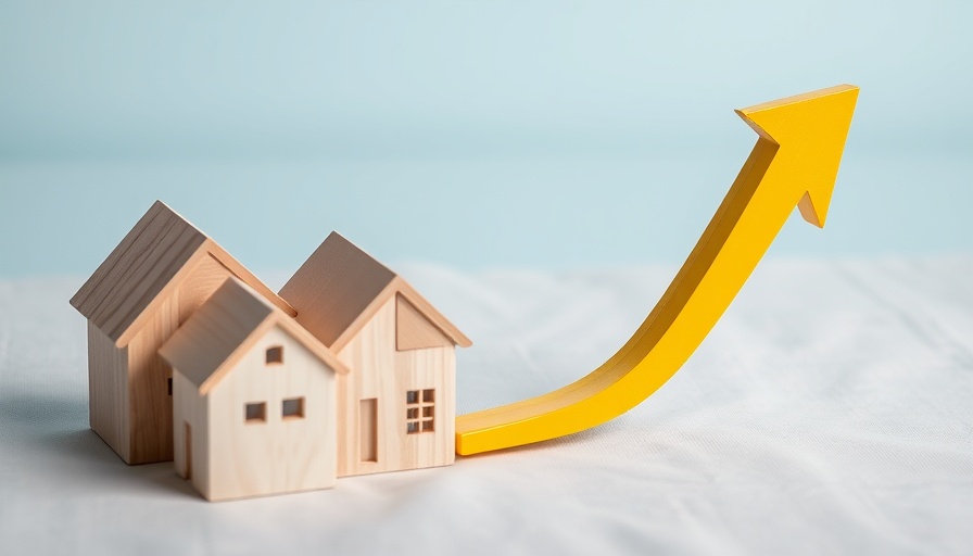 Wooden model houses with downward arrow depicting UK house price growth trend.