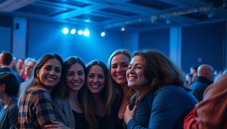 Cinematic event scene with people smiling warmly under spotlight lighting.
