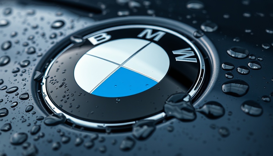 BMW logo with water droplets on black surface.