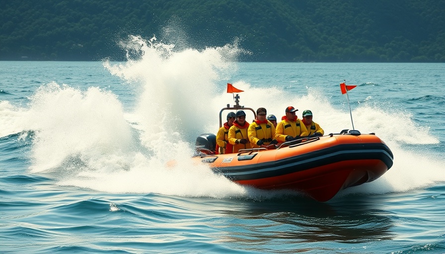 Nith Inshore Rescue boat on water with mountain view.