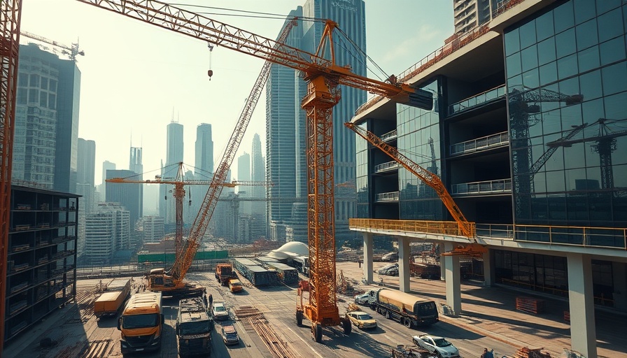 Efficient UK infrastructure building with cranes and skyscrapers.