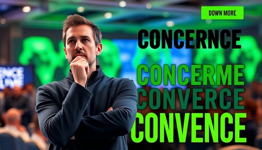 Conference banner with digital design backdrop featuring a thoughtful man.