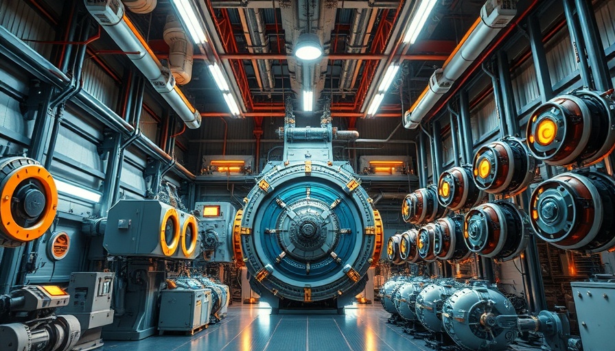 Futuristic industrial fusion energy lab with advanced machinery.