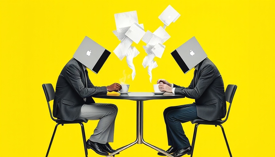 Surreal collage of laptop-headed people discussing AI agents reality vs hype