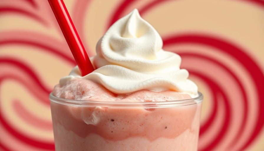 Dr Pepper Frost frozen dessert with whipped cream in red swirl background.