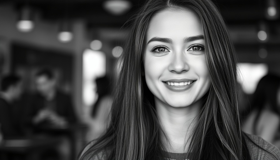 Portrait of a smiling woman in monochrome.