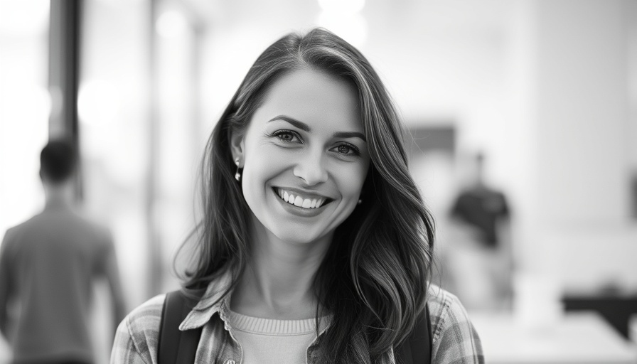 Smiling woman, casual setting, black and white portrait.