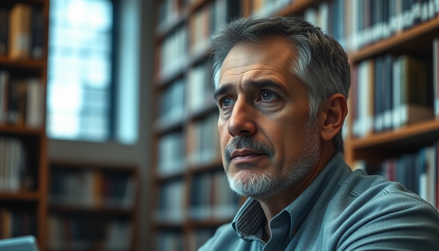 Man discussing lost pension savings UK with book-filled background.