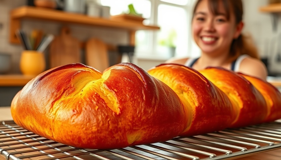 Freshly baked ube bread with woman in background, Ube Bread Recipe.