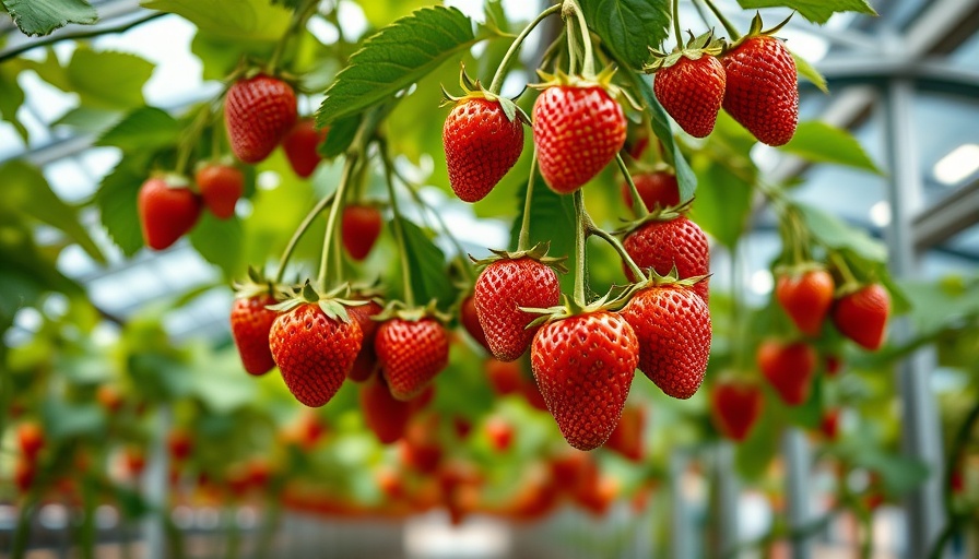 Luxury fruit market with vibrant hanging strawberries indoors.