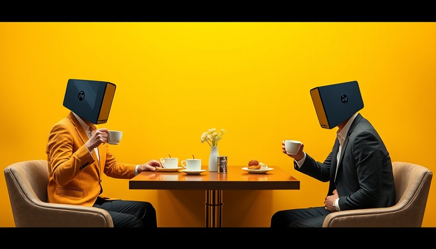 AI agents concept with laptop-headed figures discussing ideas over tea.