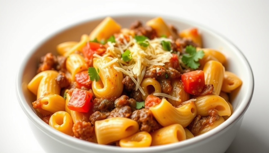 Hearty Taco Mac and Cheese recipe in a white bowl.