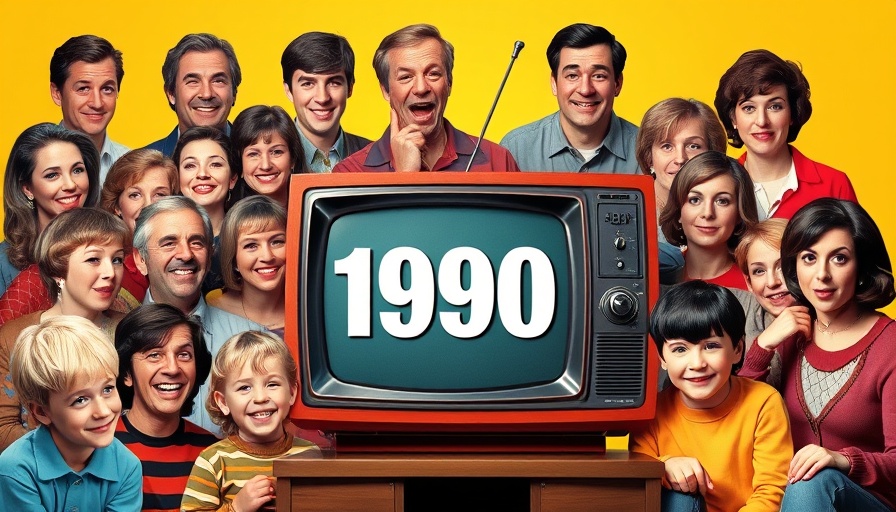 Collage of iconic 1990s sitcom characters around TV with '1990'.