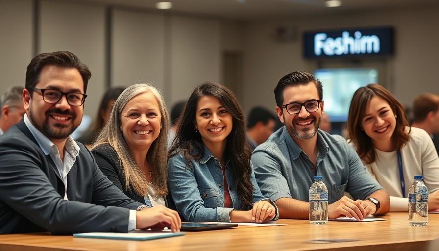 Smiling individuals at a conference, AI driven data in intelligent stadiums.