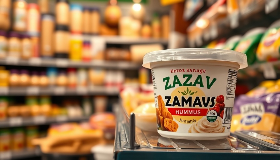 Unique condiment trends showcased with Zahav Hummus container in market.