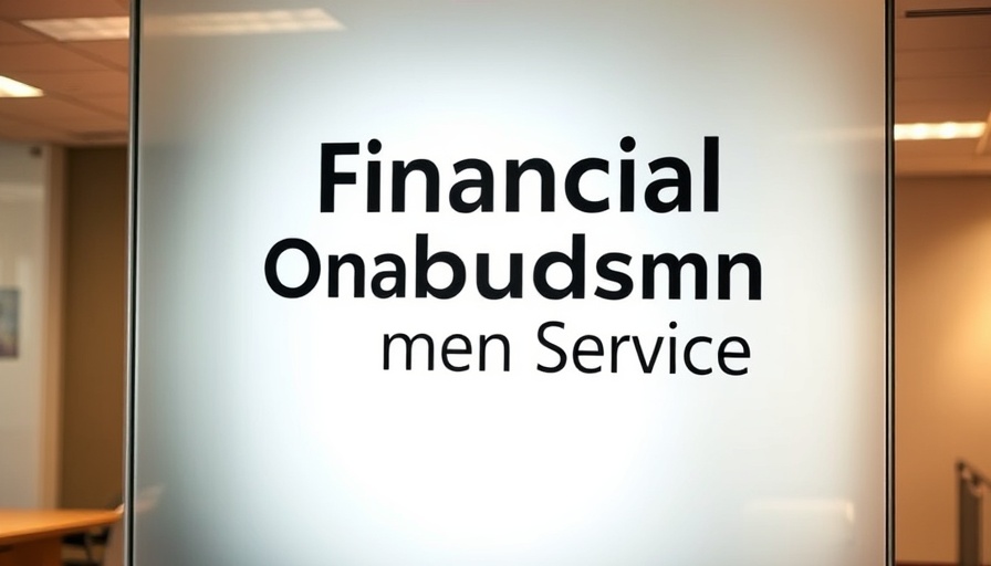 Financial Ombudsman Service reform sign on frosted glass wall.