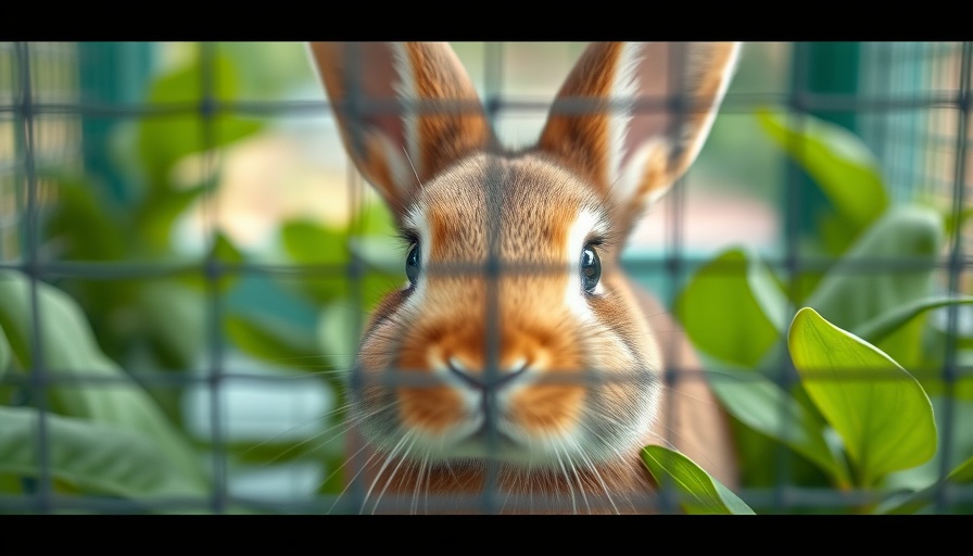 Bruno the Brave rabbit looking through a screen in a green enclosure.
