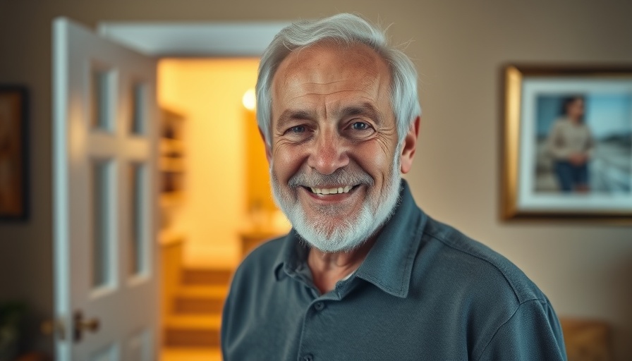Elderly man smiling indoors, positive atmosphere.