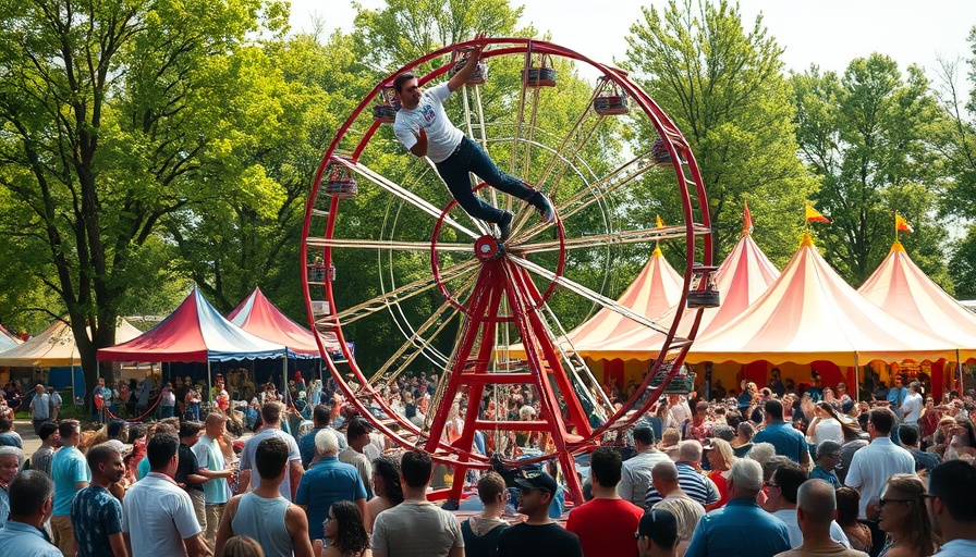 Kirkcudbright Country Fair 2025: performer on wheel structure, vibrant crowd