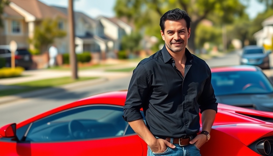 Mature man with red supercar emphasizing cost of owning supercars.