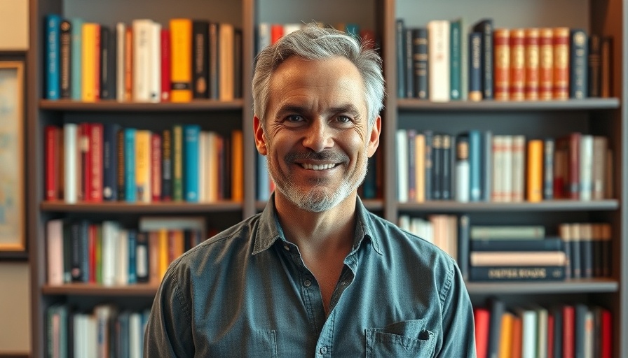 Man smiling in front of bookshelf, indoor warm lighting.