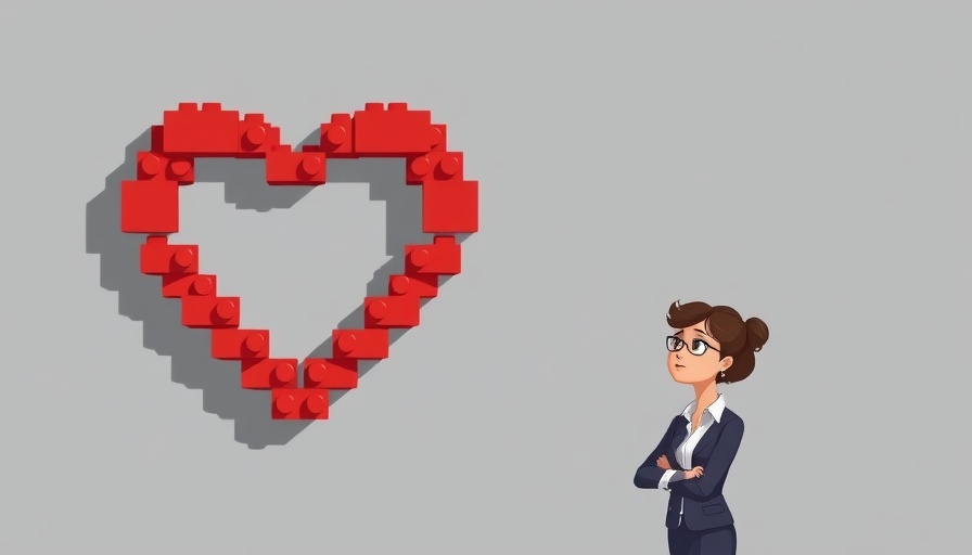 Minimalistic businesswoman gazing at heart-shaped Lego, emotional branding ROI concept.