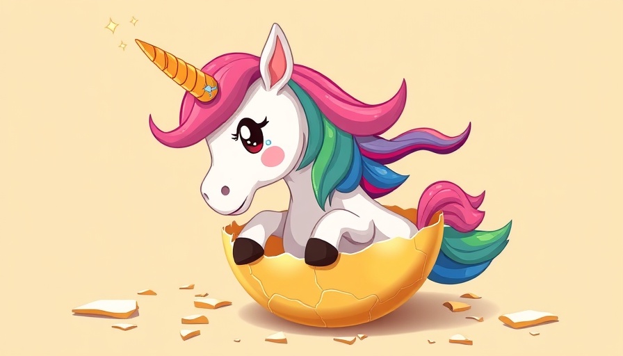 Vibrant cartoon unicorn hatching representing new tech unicorns 2025.