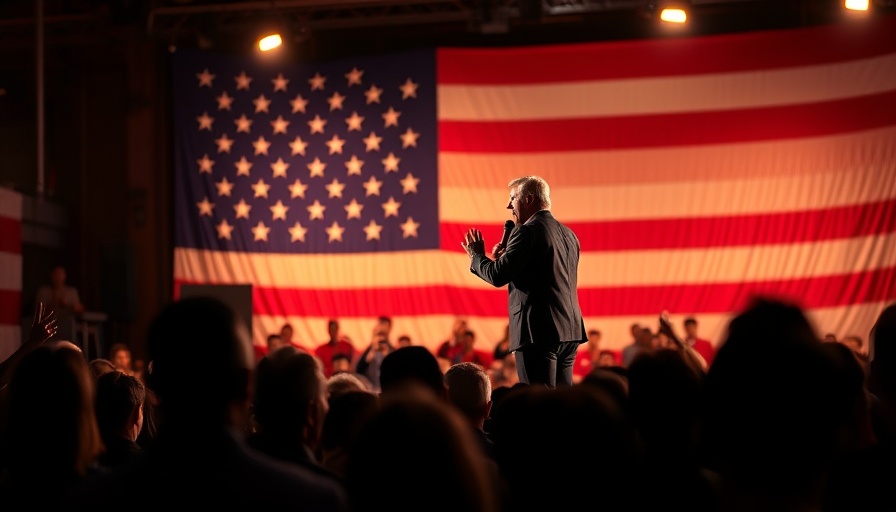 Elon Musk's America Party speaker with flag backdrop.