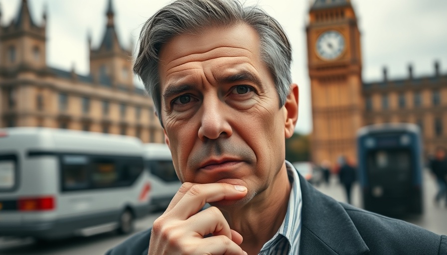 Contemplative man with London backdrop, exploring British economic innovation and homeownership.