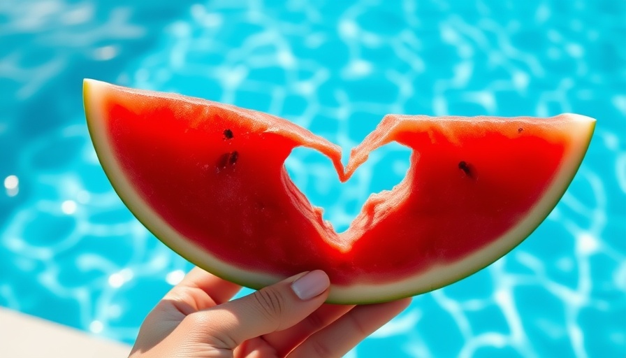 Refreshing watermelon slice with heart cutout by the pool, perfect healthy summer snack.