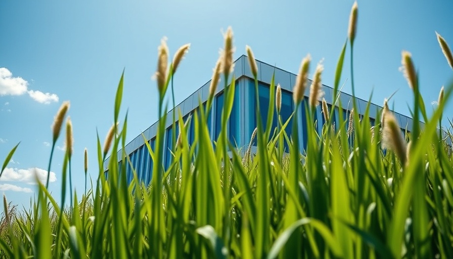 Modern building in Dumfries amidst tall grass under blue sky.