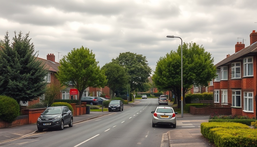 UK residential street with semi-detached houses and parked cars.