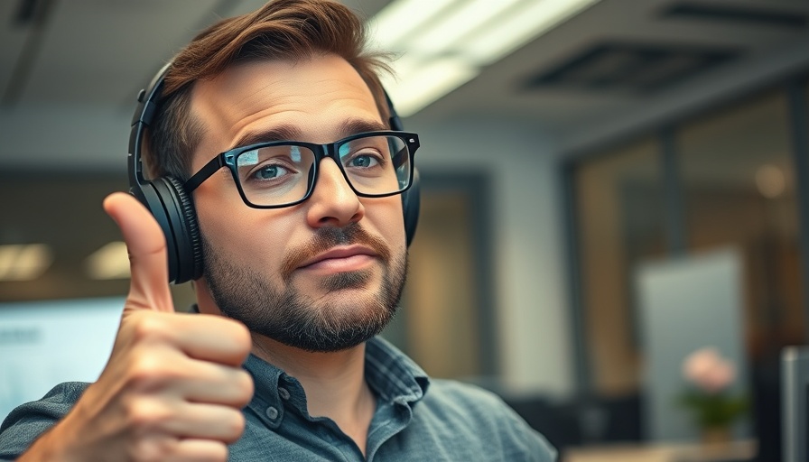 Focused man with glasses giving a thumbs-up gesture in a casual office setting.