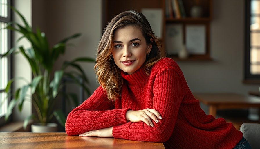 Confident woman on magazine cover in red sweater, natural light.