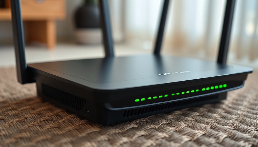 TP-Link Archer AX72 Pro router with green LEDs on a woven surface.