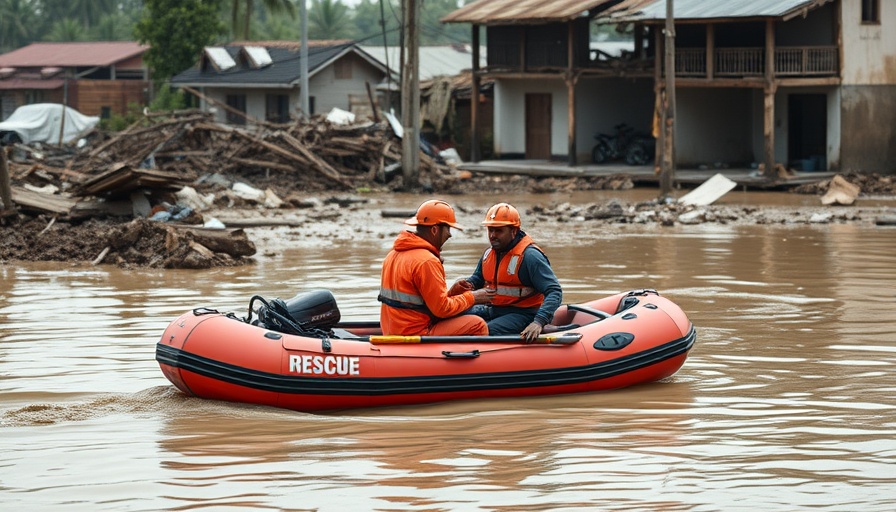Rescue workers on a boat during Texas flood recovery in front of damaged building.