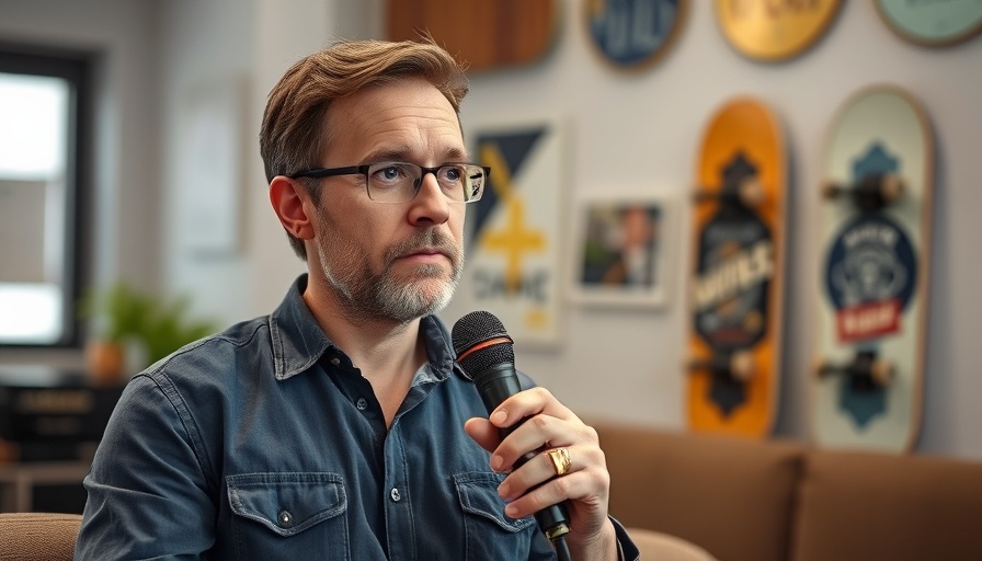 Casual man discussing Tony Hawk video game music rights in interview