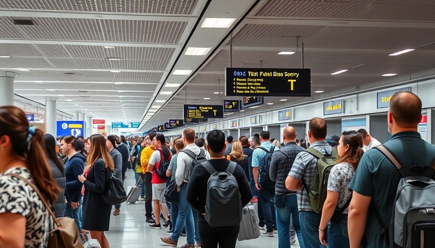 Diverse travelers queue in a busy airport security line under bright lights.