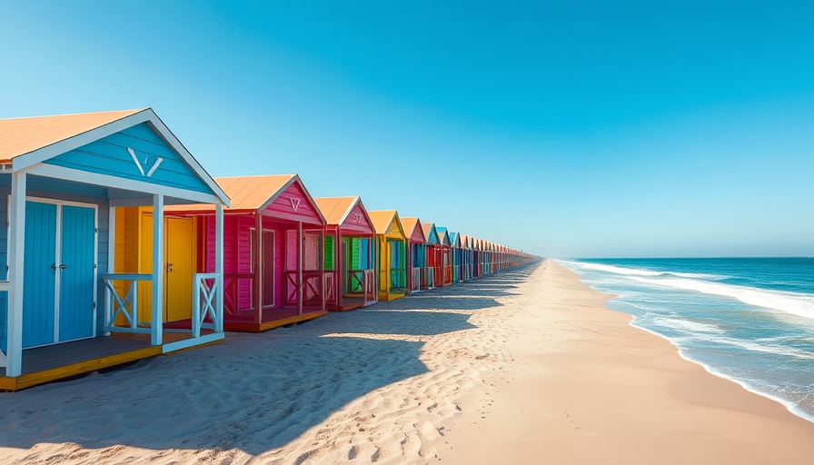 Colorful summer beach huts for sale along a sunny coastline.