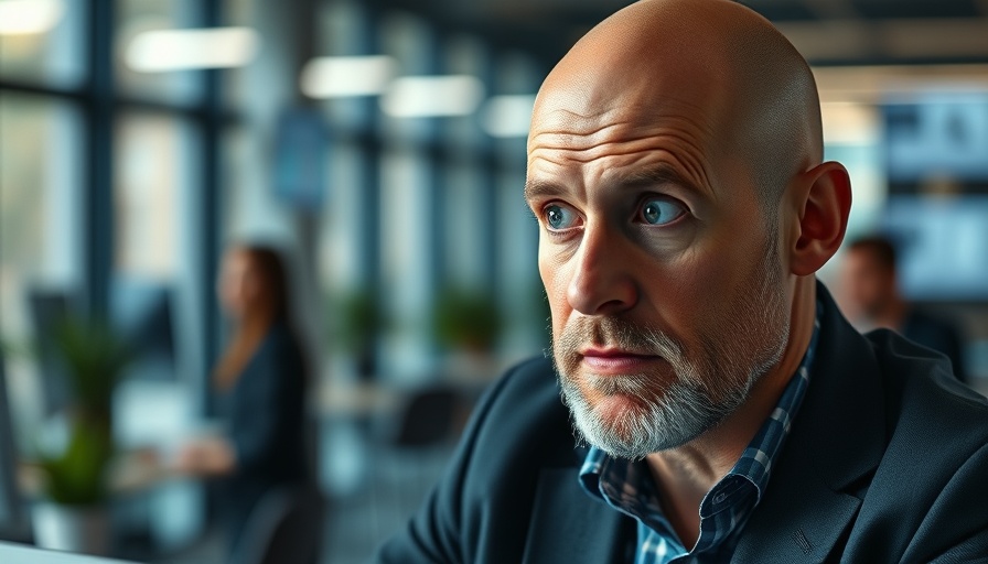 Inquisitive bald man discussing analytics in a modern office.