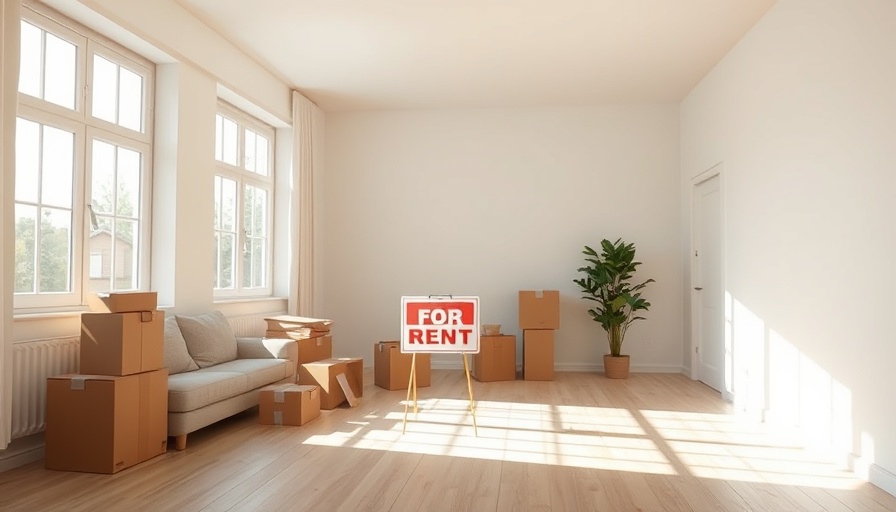 Empty living room with 'For Rent' sign and packed boxes, symbolizing student landlords' power to evict tenants.