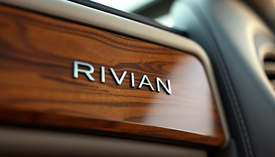Rivian vehicle interior panel with wood accents, showcasing luxury design.
