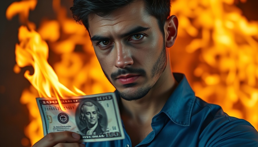 Impact of US dollar decline on homebuyers, man and burning dollar.