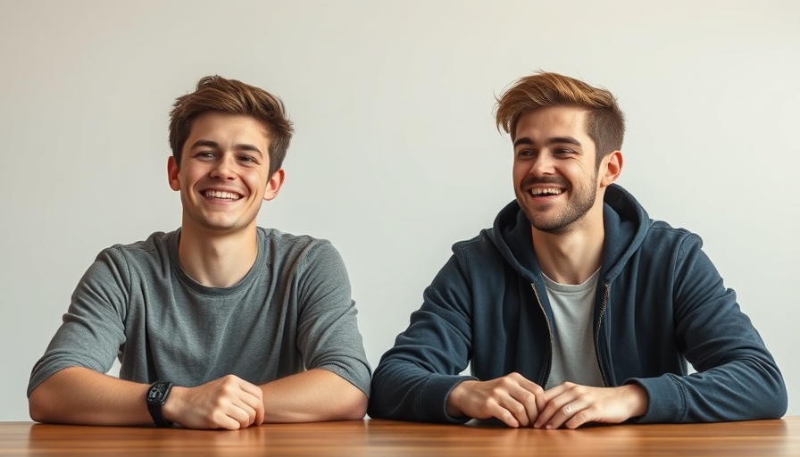 Two young men sitting together, one smiling widely