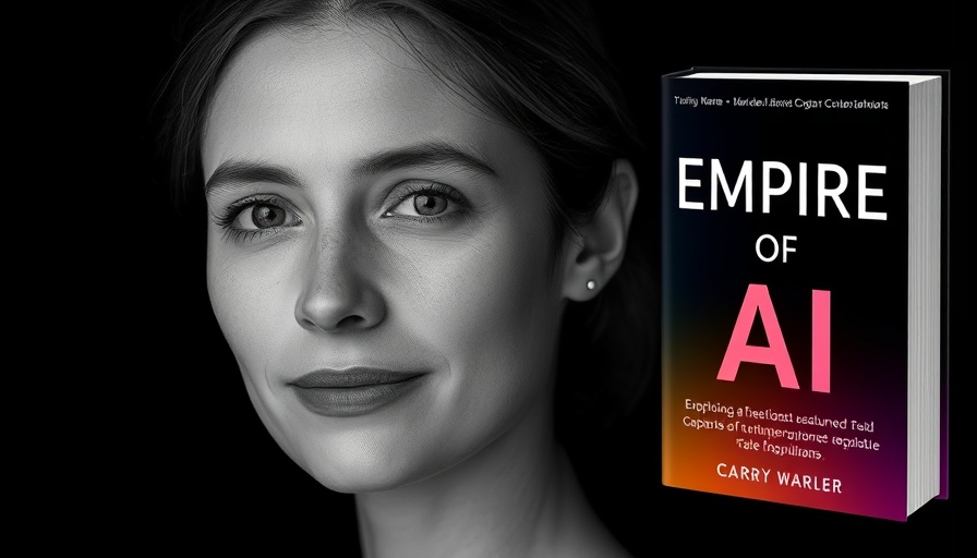 Monochrome portrait and 'Empire of AI' book cover with gradient design.