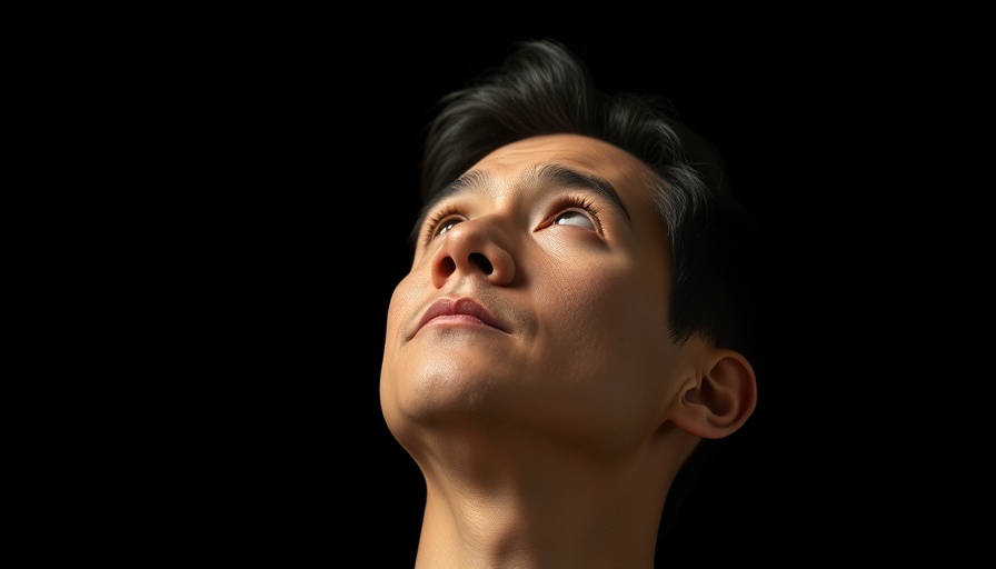 Thoughtful person looking upwards with focused lighting.