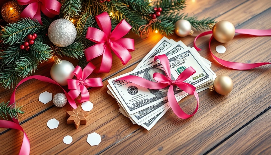 Holiday budgeting setup with cash and festive decorations for saving.