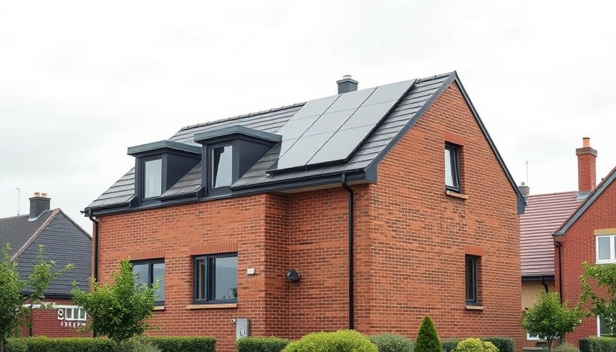 Rooftop solar panels on a brick house in Dumfries, cloudy sky, modern architecture.
