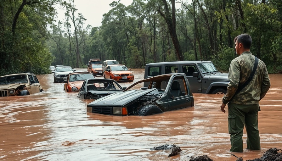 Flood aftermath in Texas with submerged vehicles and observer.